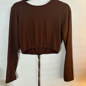 Brown Cropped Blouse with Tie Front and Long Sleeves